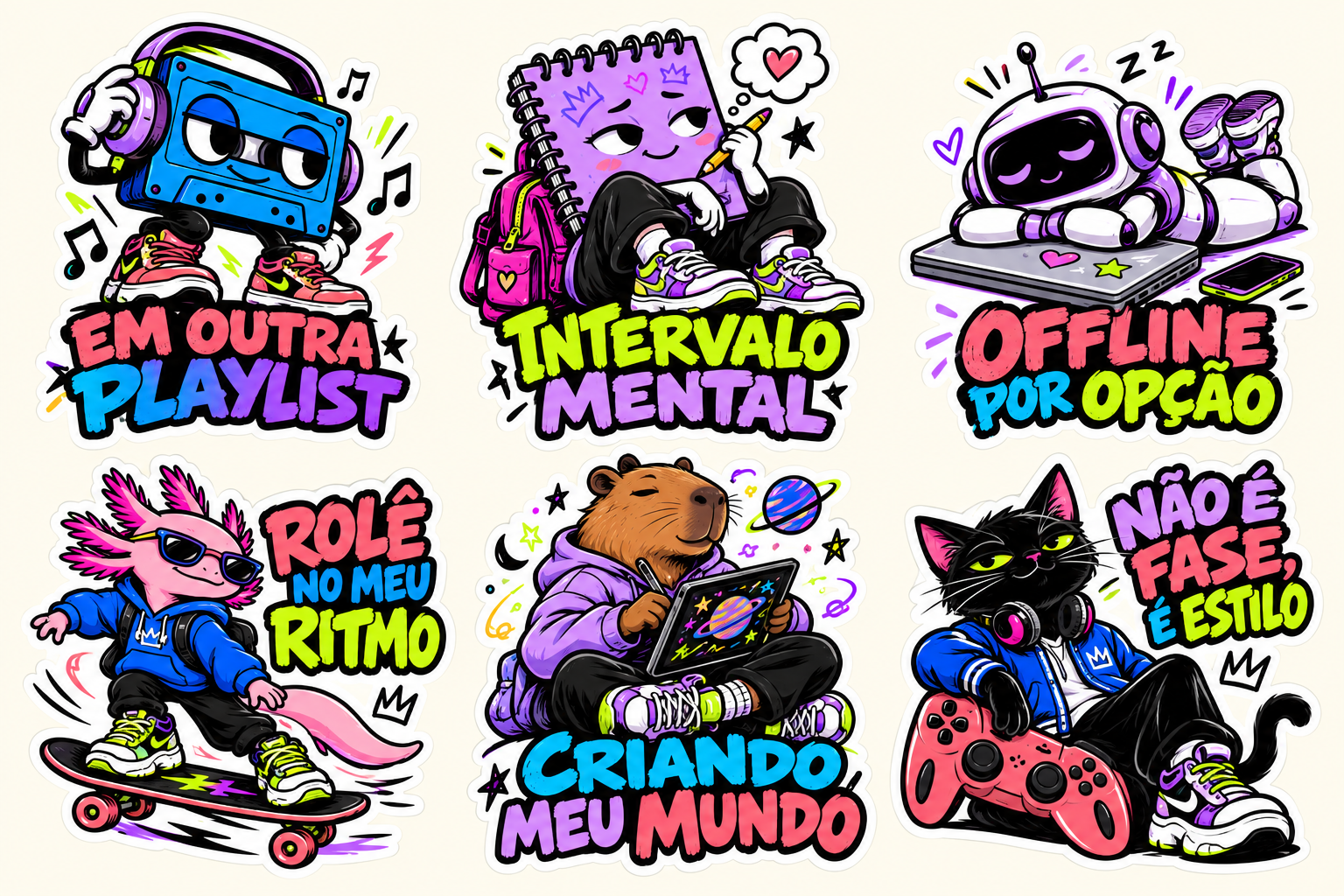 Seis artes da coleção Modo Teen, com música, estudos, games e personagens
